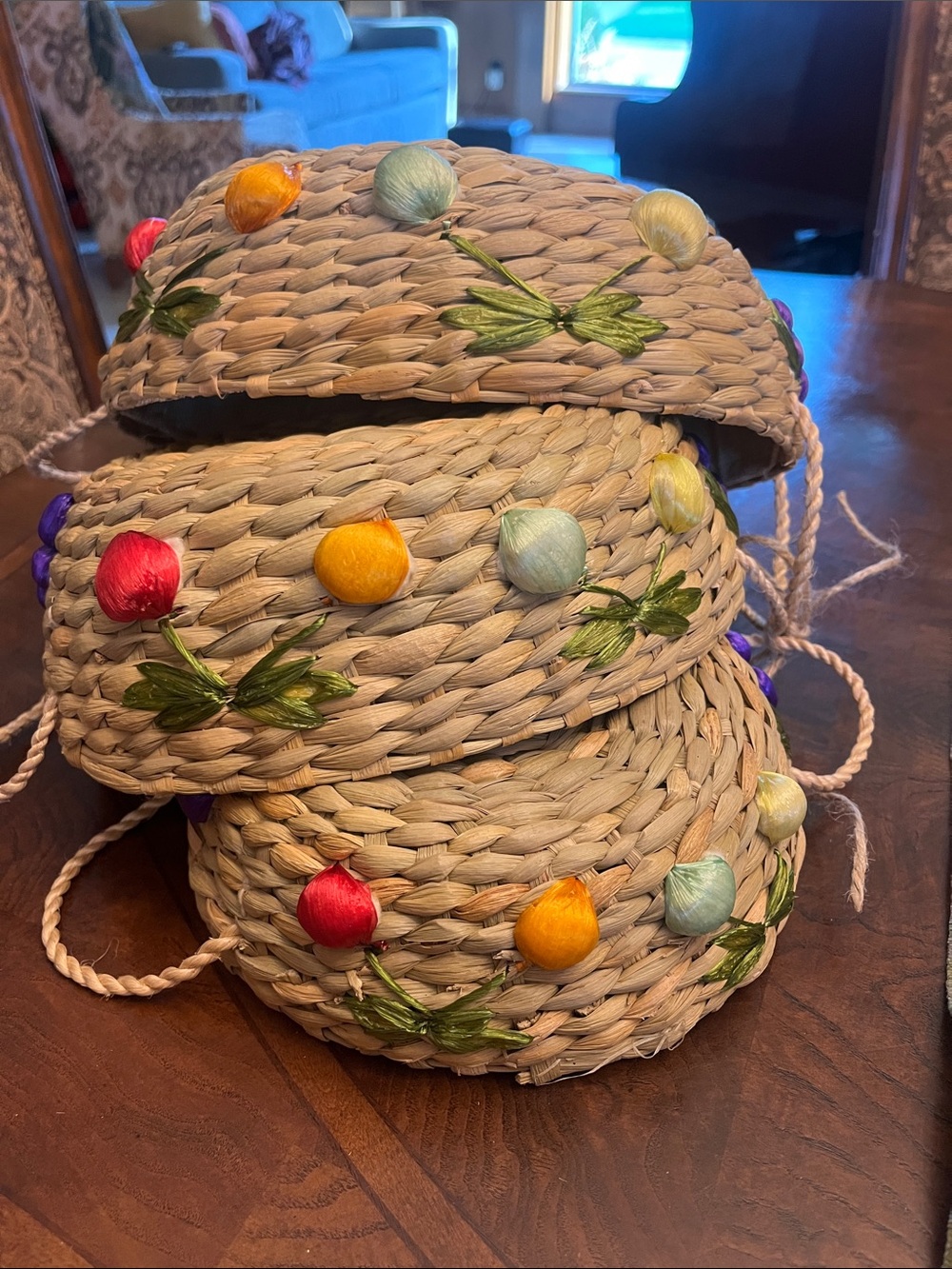 Hand Crafted Straw Nesting Baskets with Multicolor Embroidered Buds